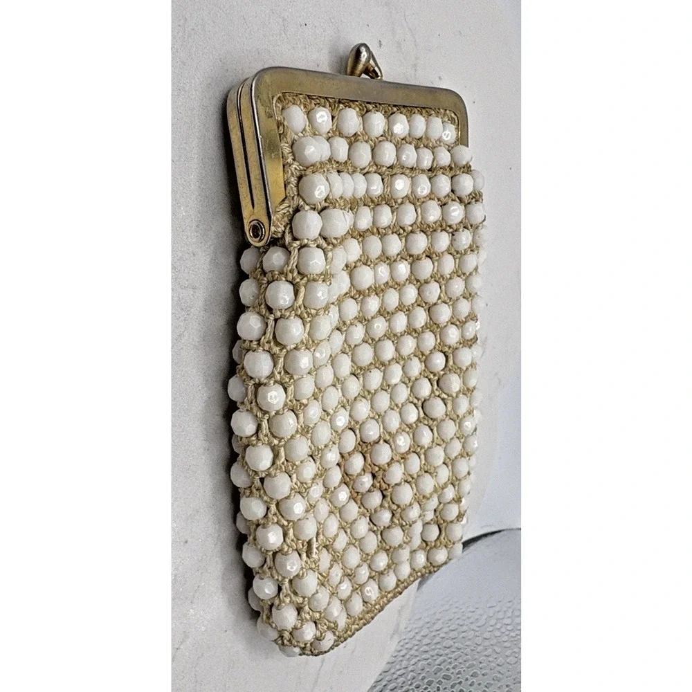 Cream Colored Caviar Beaded Cigarette Case Gold Tone Kiss Lock Frame Vintage